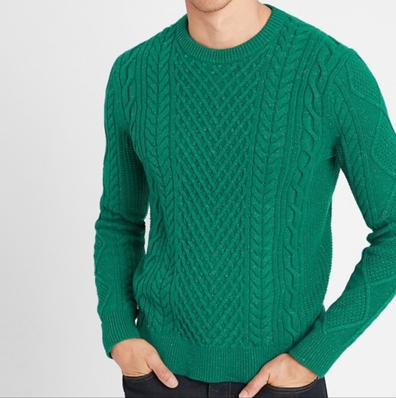Banana Republic Green Long Sleeve Crew Neck Cable Knit Fisherman Sweater - Picture 1 of 11